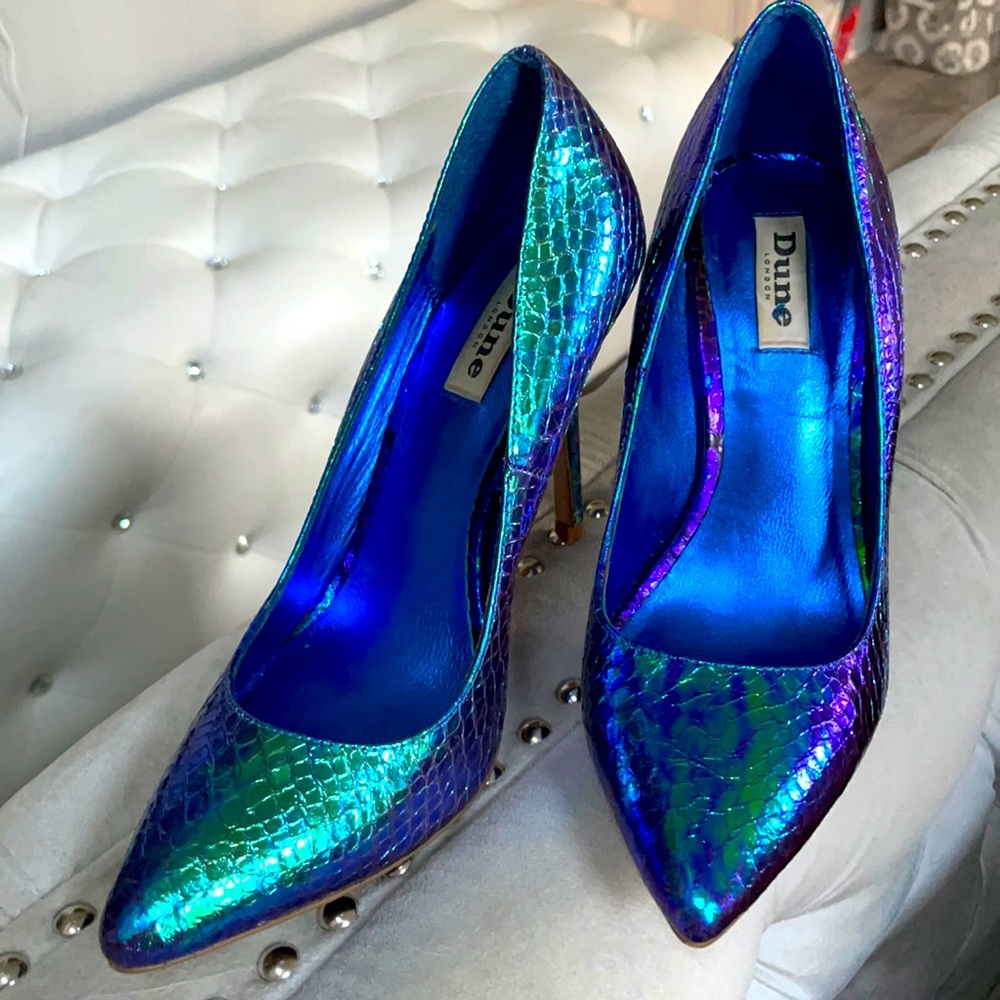 Dune Iridescent Blue Green Snake Heels